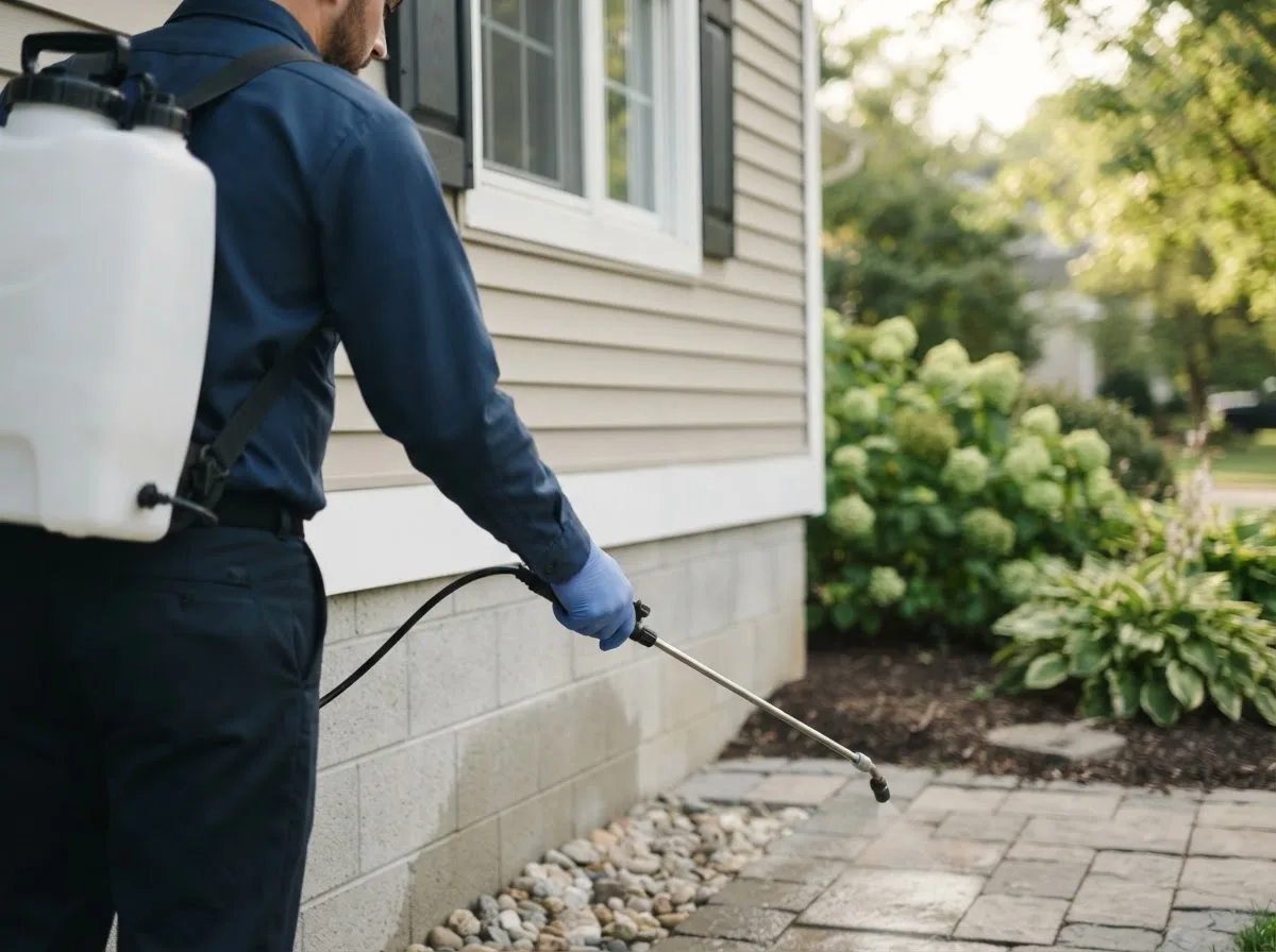 Pest control technician inspecting a home in Wilmot, AR